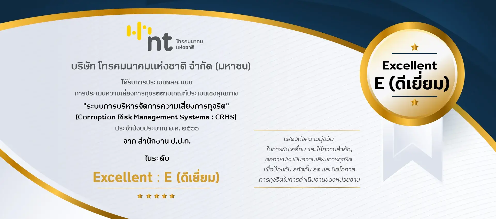 บมจ.โทรคมนาคมแห่งชาติ หรือ NT ได้ประเมินผลระบบการบริหารจัดการความเสี่ยงการทุจริต ประจาปีงบประมาณ พ.ศ. 2566 ในระดับ Excellent : E (ดีเยี่ยม)